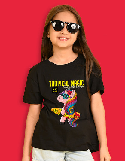 Nusyl Girls Black Tropical Magic Text Printed  Short sleeve Cotton Blend Oversized T-shirts