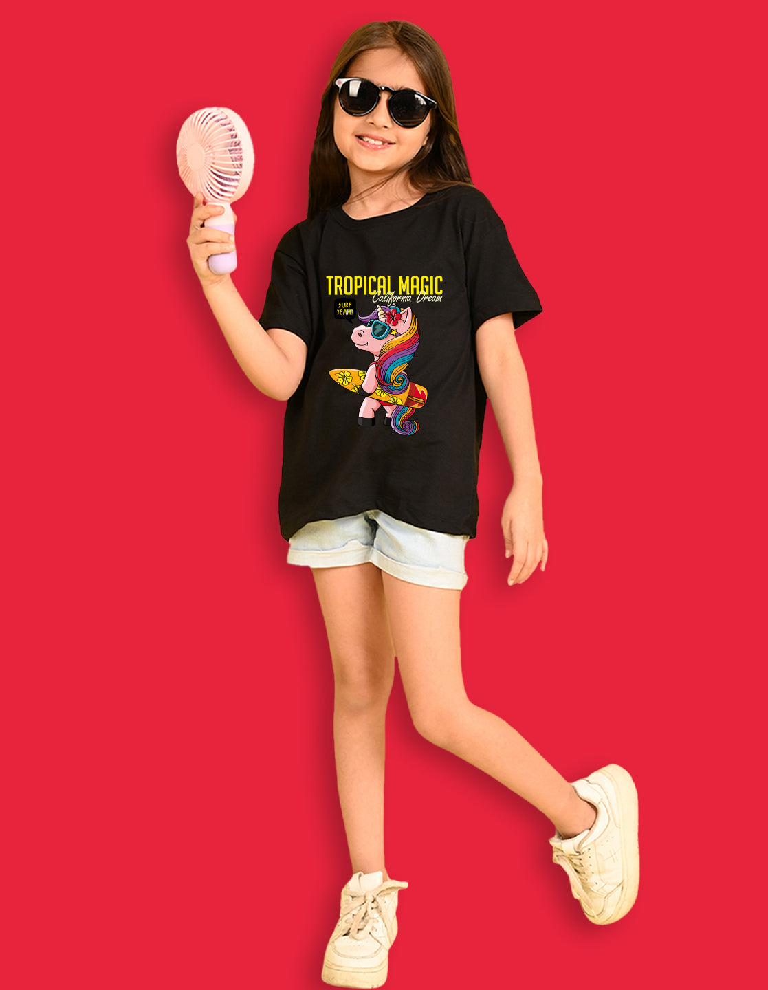 Nusyl Girls Black Tropical Magic Text Printed  Short sleeve Cotton Blend Oversized T-shirts