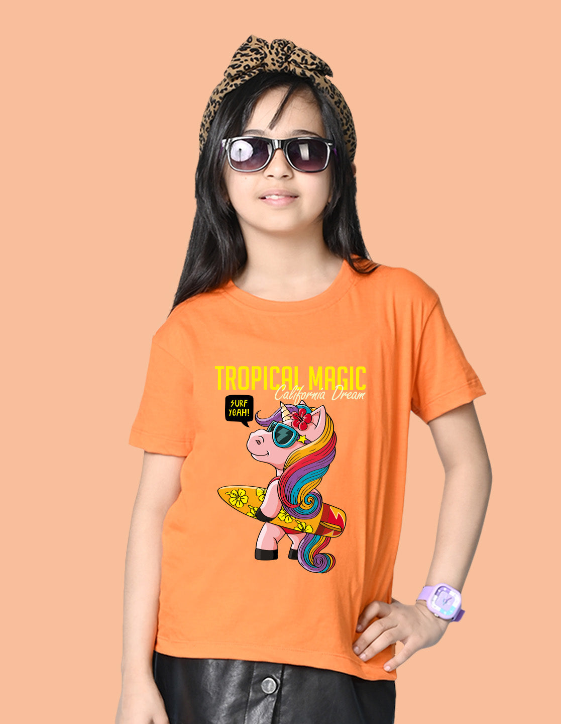 Nusyl Girls Orange Tropical Magic Text Printed  Short sleeve Cotton Blend Oversized T-shirts