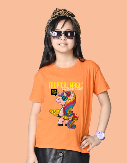 Nusyl Girls Orange Tropical Magic Text Printed  Short sleeve Cotton Blend Oversized T-shirts