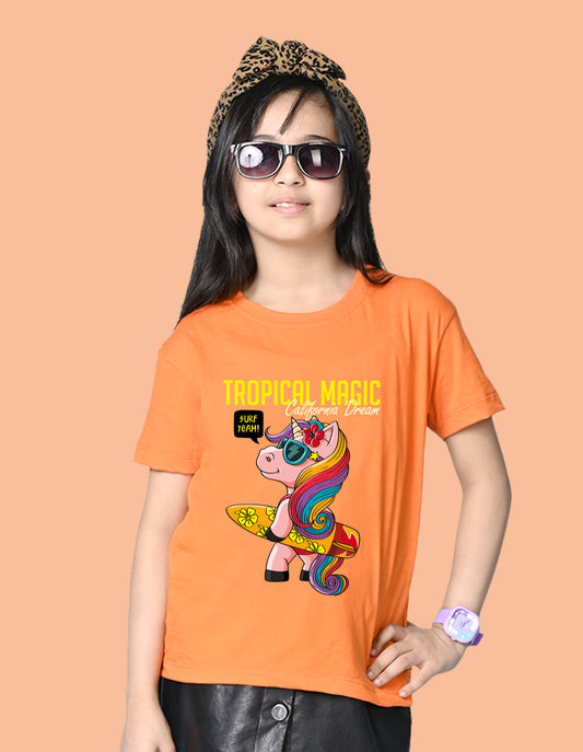 Nusyl Girls Orange Tropical Magic Text Printed  Short sleeve Cotton Blend Oversized T-shirts