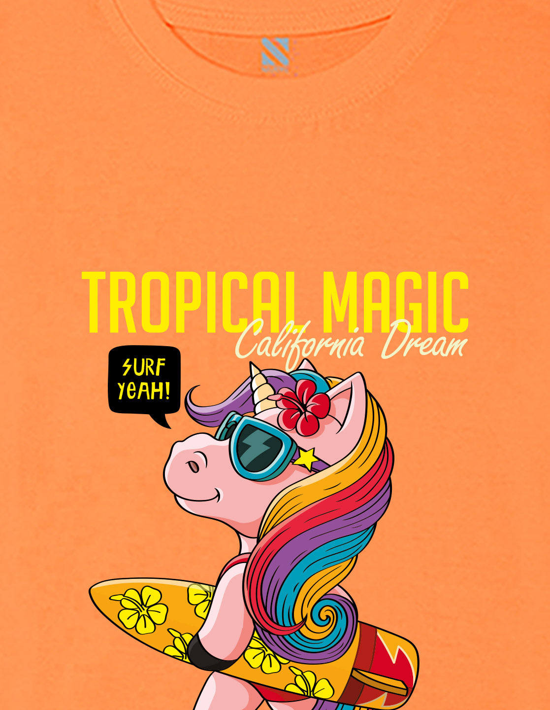 Nusyl Girls Orange Tropical Magic Text Printed  Short sleeve Cotton Blend Oversized T-shirts