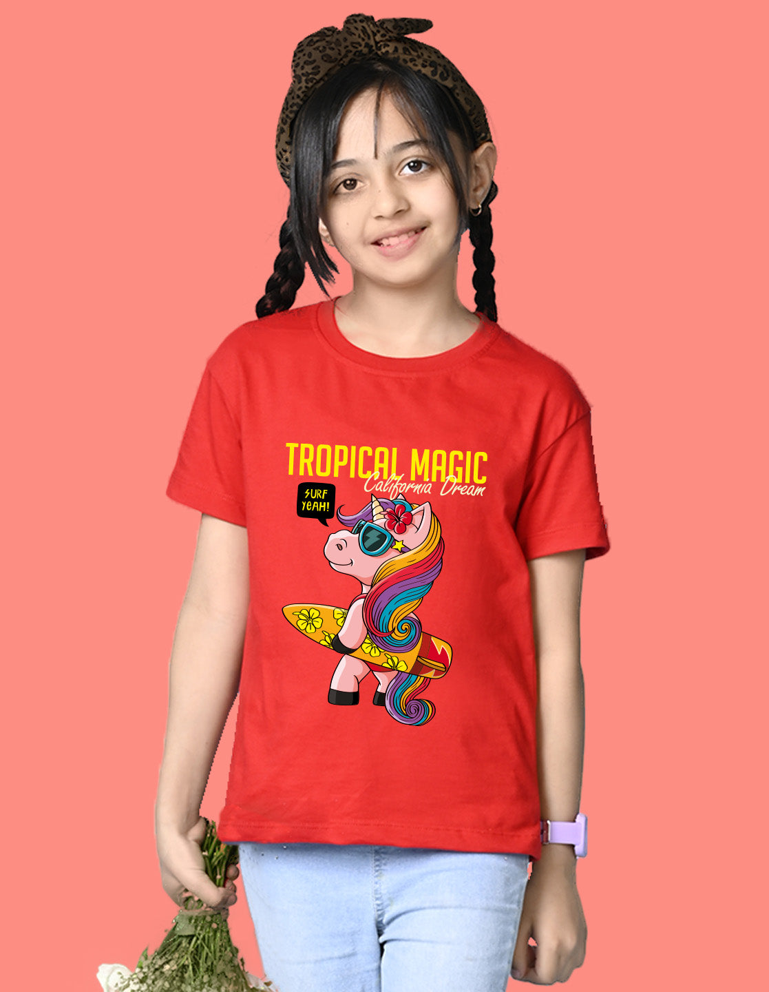 Nusyl Girls Red Tropical Magic Text Printed  Short sleeve Cotton Blend Oversized T-shirts