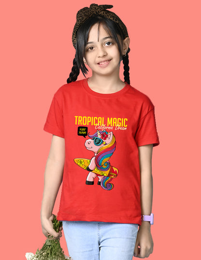 Nusyl Girls Red Tropical Magic Text Printed  Short sleeve Cotton Blend Oversized T-shirts