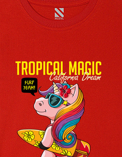 Nusyl Girls Red Tropical Magic Text Printed  Short sleeve Cotton Blend Oversized T-shirts