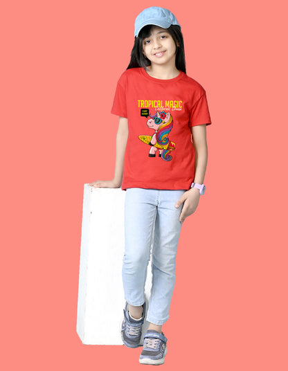 Nusyl Girls Red Tropical Magic Text Printed  Short sleeve Cotton Blend Oversized T-shirts