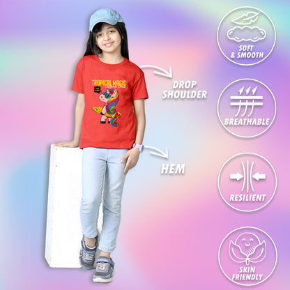 Nusyl Girls Red Tropical Magic Text Printed  Short sleeve Cotton Blend Oversized T-shirts