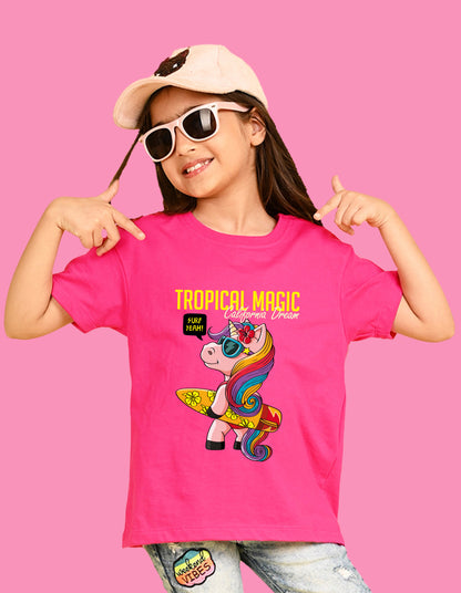 Nusyl Girls Hot Pink Tropical Magic Text Printed  Short sleeve Cotton Blend Oversized T-shirts