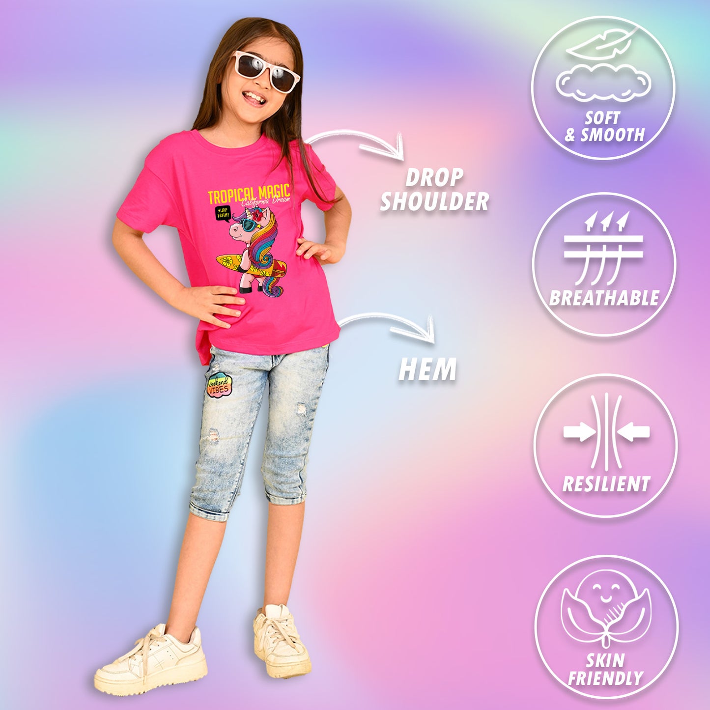 Nusyl Girls Hot Pink Tropical Magic Text Printed  Short sleeve Cotton Blend Oversized T-shirts