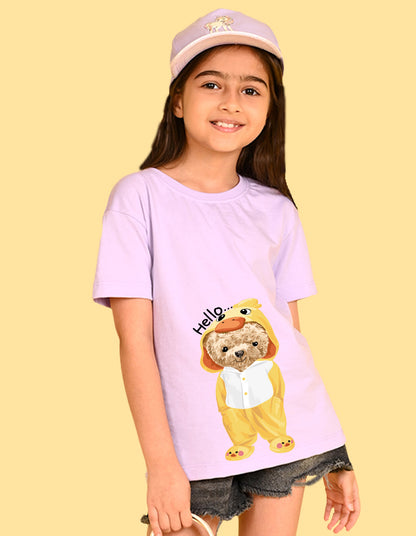 Nusyl Girls Lilac Teddy Bear & Text  Printed  Short sleeve Cotton Blend Oversized T-shirts