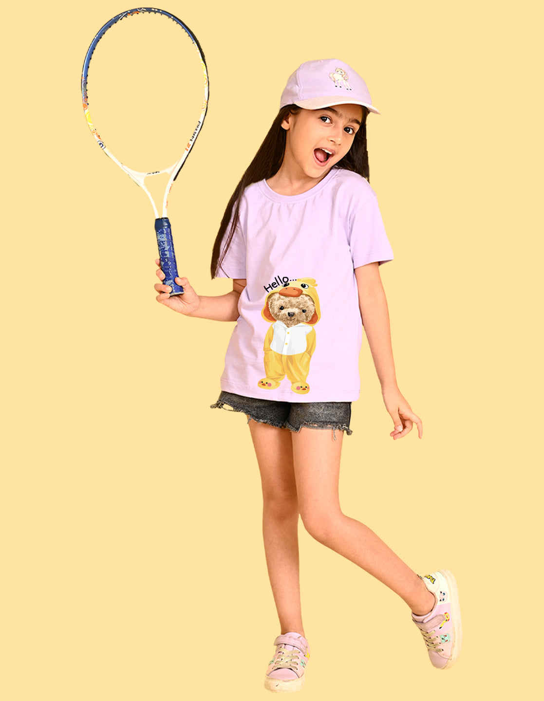 Nusyl Girls Lilac Teddy Bear & Text  Printed  Short sleeve Cotton Blend Oversized T-shirts