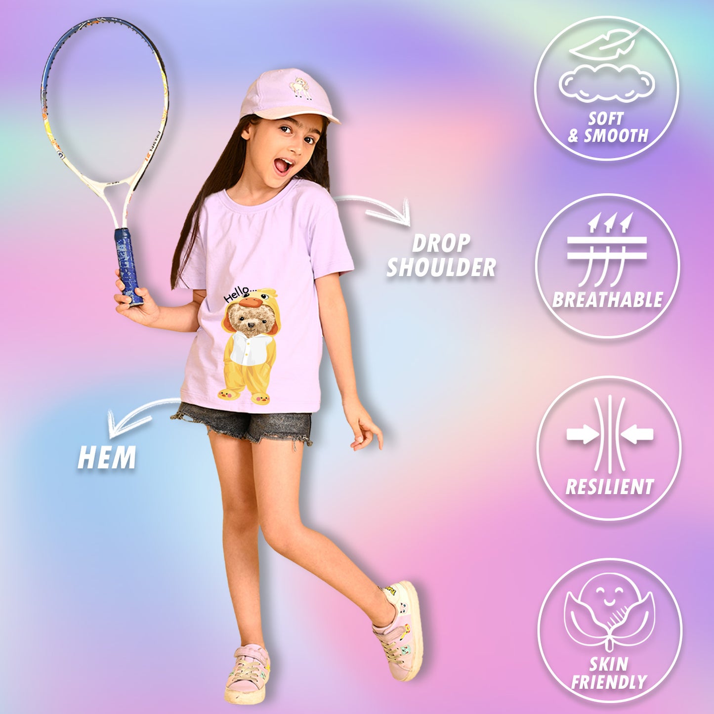 Nusyl Girls Lilac Teddy Bear & Text  Printed  Short sleeve Cotton Blend Oversized T-shirts