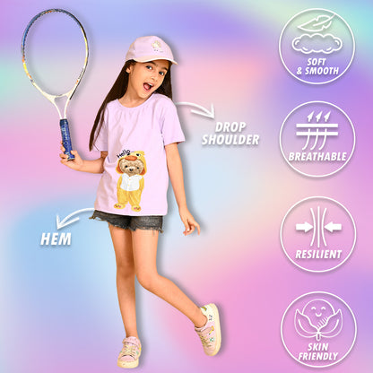 Nusyl Girls Lilac Teddy Bear & Text  Printed  Short sleeve Cotton Blend Oversized T-shirts