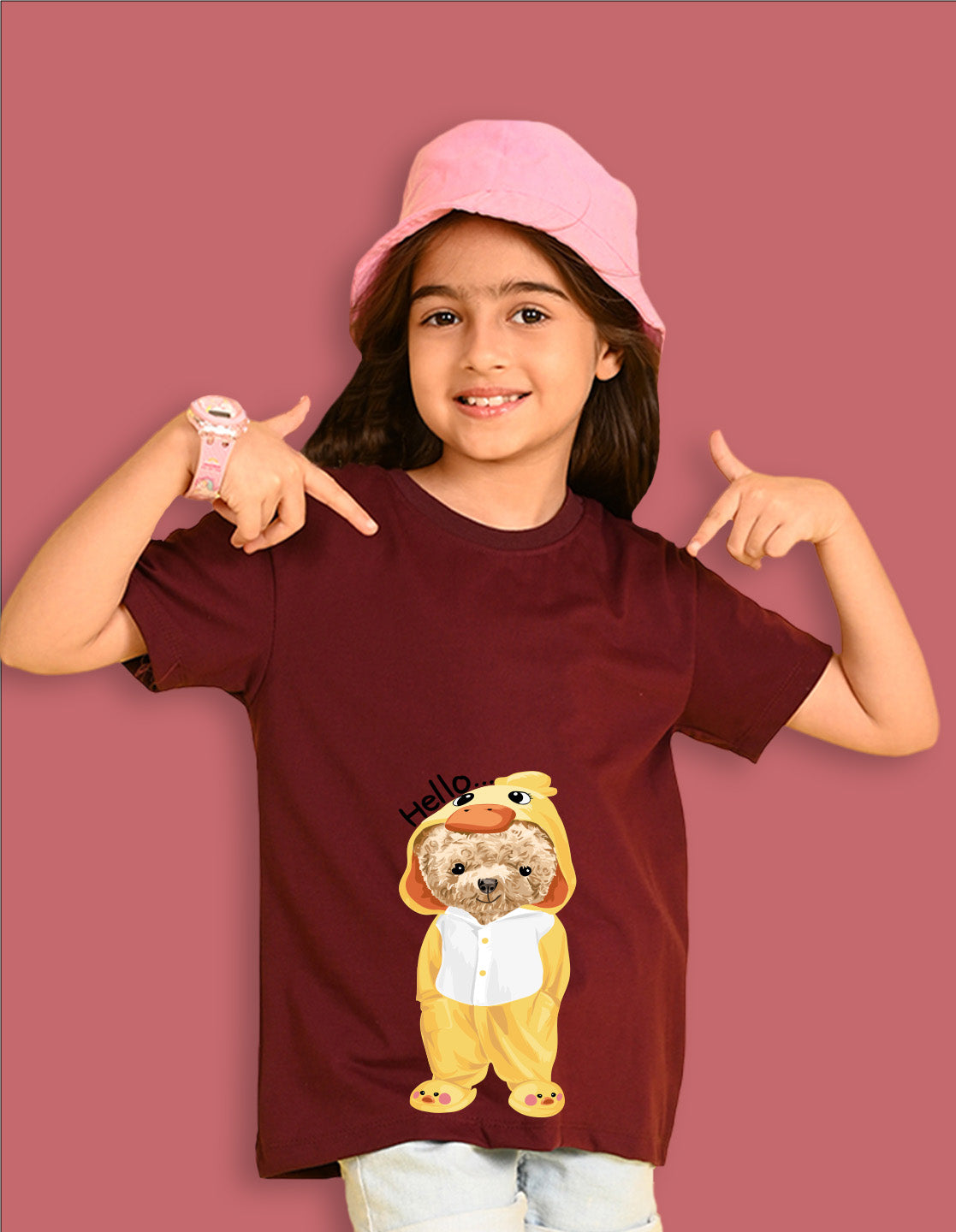 Nusyl Girls Wine Teddy Bear & Text  Printed  Short sleeve Cotton Blend Oversized T-shirts