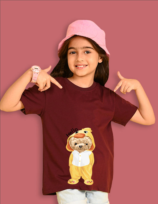Nusyl Girls Wine Teddy Bear & Text  Printed  Short sleeve Cotton Blend Oversized T-shirts