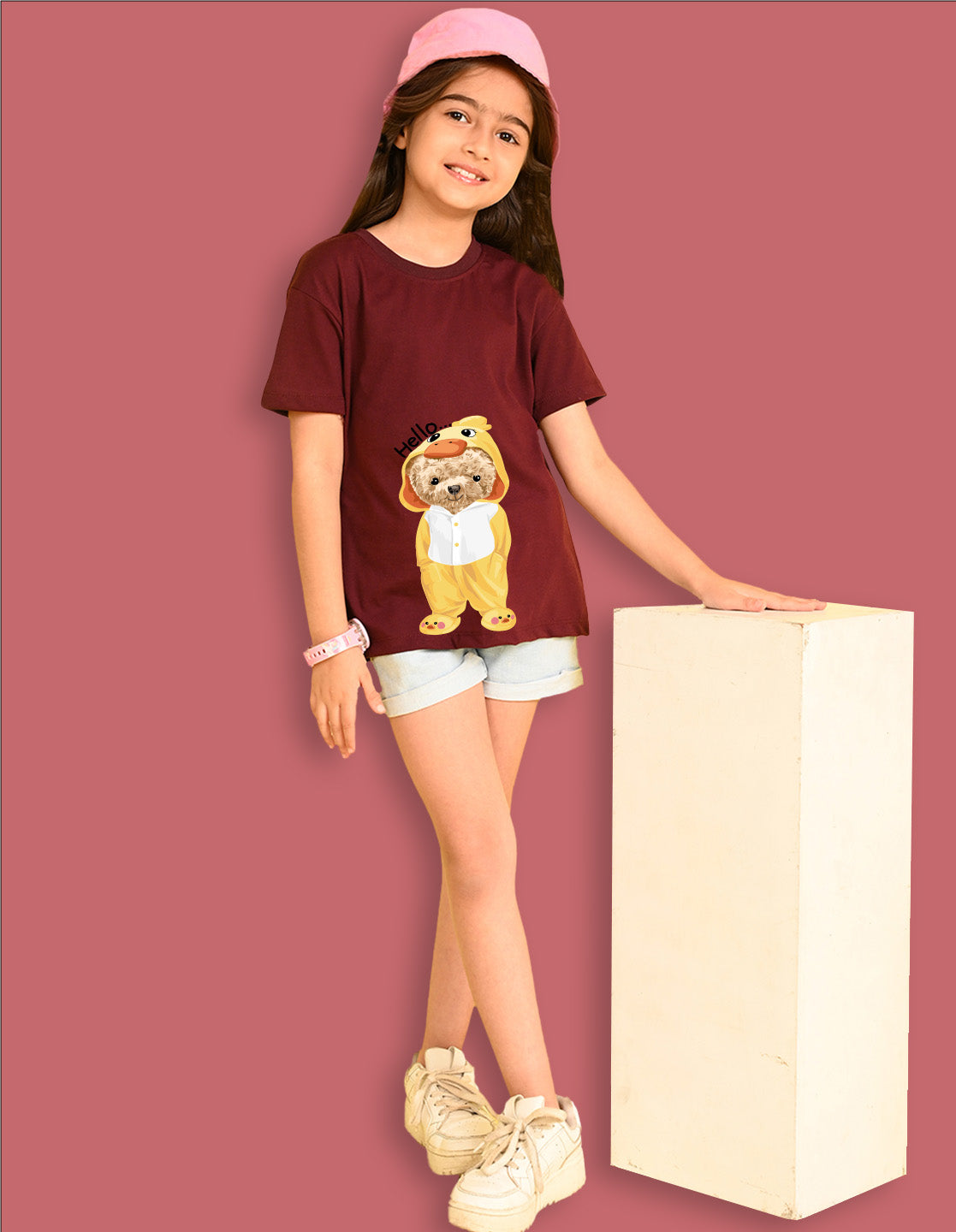 Nusyl Girls Wine Teddy Bear & Text  Printed  Short sleeve Cotton Blend Oversized T-shirts