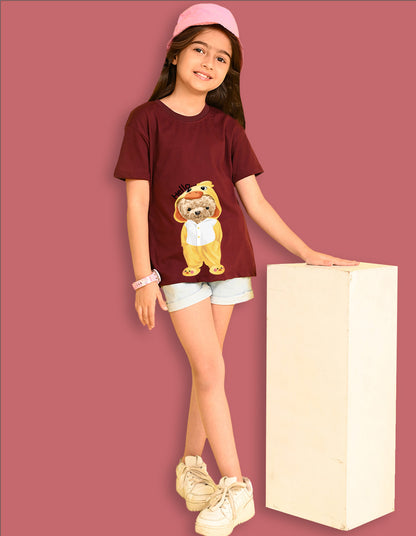 Nusyl Girls Wine Teddy Bear & Text  Printed  Short sleeve Cotton Blend Oversized T-shirts