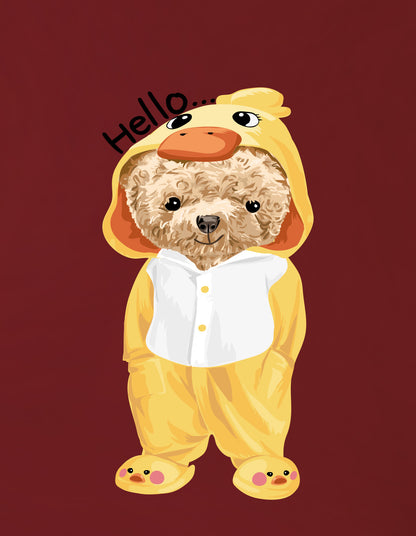 Nusyl Girls Wine Teddy Bear & Text  Printed  Short sleeve Cotton Blend Oversized T-shirts