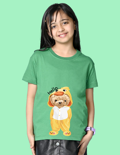 Nusyl Girls Green Teddy Bear & Text  Printed  Short sleeve Cotton Blend Oversized T-shirts