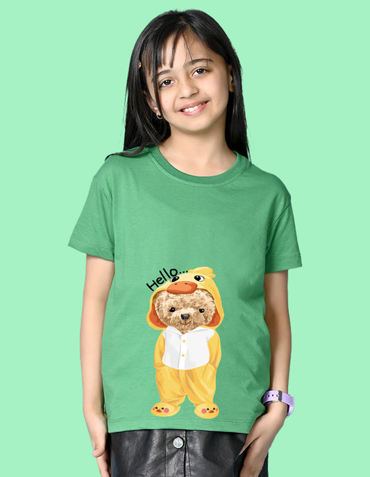 Nusyl Girls Green Teddy Bear & Text  Printed  Short sleeve Cotton Blend Oversized T-shirts