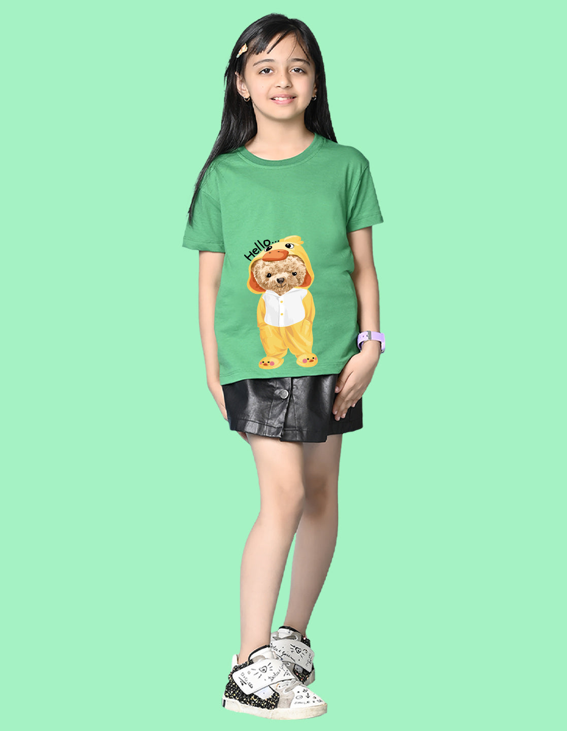 Nusyl Girls Green Teddy Bear & Text  Printed  Short sleeve Cotton Blend Oversized T-shirts
