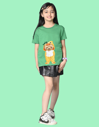 Nusyl Girls Green Teddy Bear & Text  Printed  Short sleeve Cotton Blend Oversized T-shirts