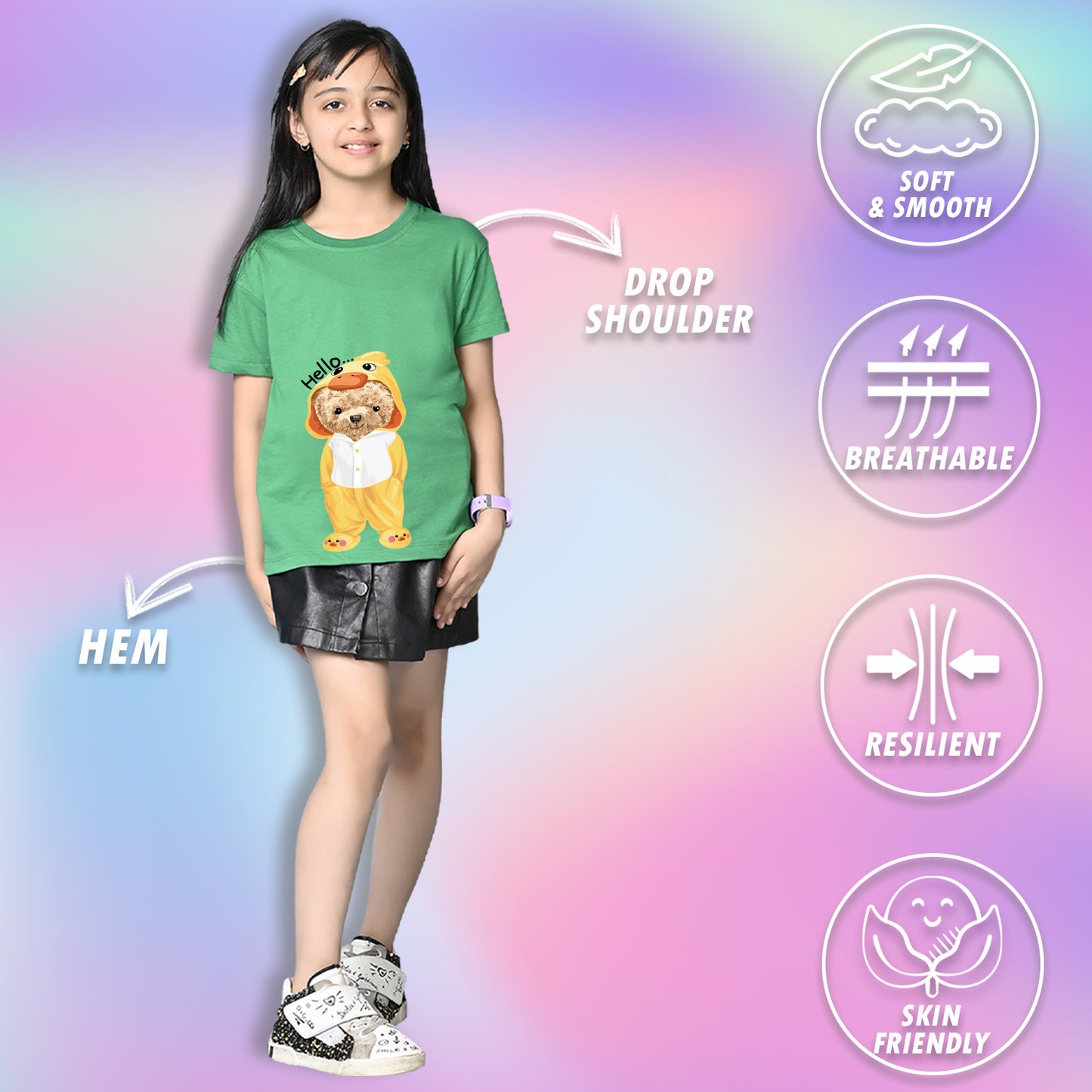 Nusyl Girls Green Teddy Bear & Text  Printed  Short sleeve Cotton Blend Oversized T-shirts