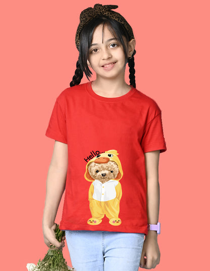 Nusyl Girls Red Teddy Bear & Text  Printed  Short sleeve Cotton Blend Oversized T-shirts