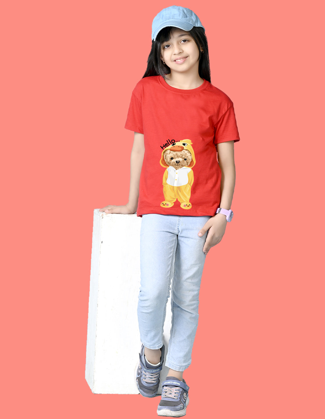 Nusyl Girls Red Teddy Bear & Text  Printed  Short sleeve Cotton Blend Oversized T-shirts