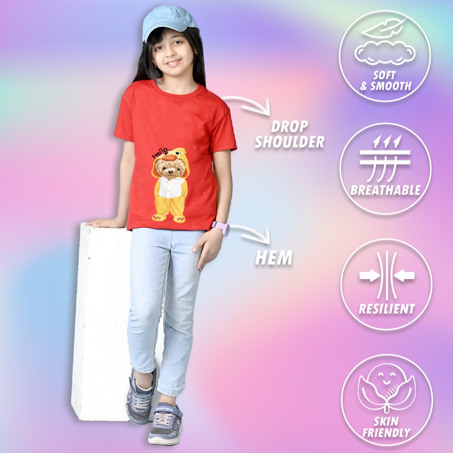 Nusyl Girls Red Teddy Bear & Text  Printed  Short sleeve Cotton Blend Oversized T-shirts