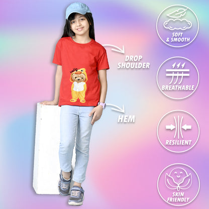 Nusyl Girls Red Teddy Bear & Text  Printed  Short sleeve Cotton Blend Oversized T-shirts