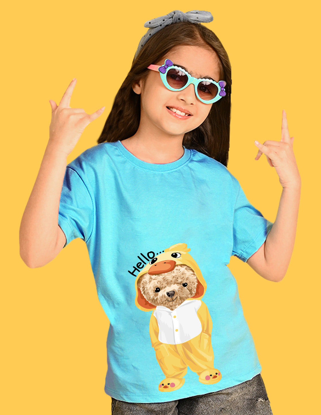Nusyl Girls Sky Blue Teddy Bear & Text  Printed  Short sleeve Cotton Blend Oversized T-shirts