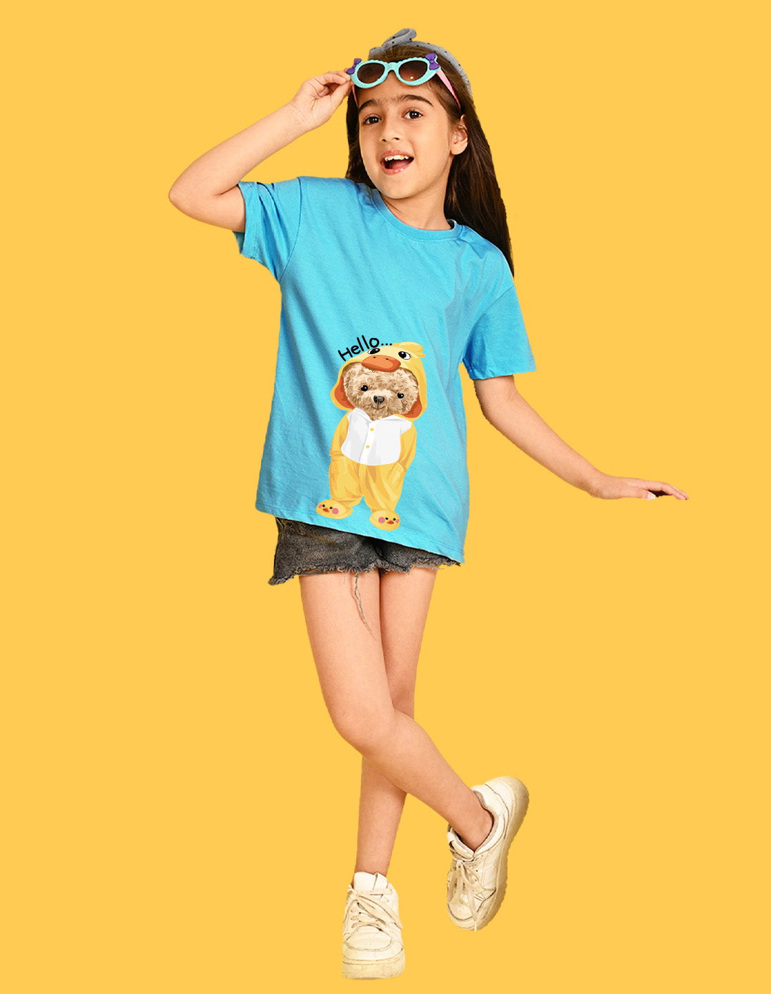 Nusyl Girls Sky Blue Teddy Bear & Text  Printed  Short sleeve Cotton Blend Oversized T-shirts
