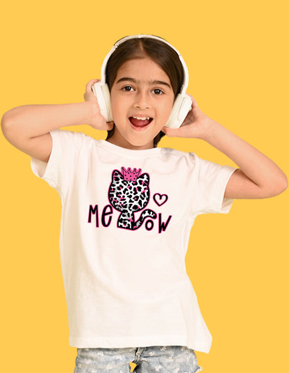 Nusyl Girls White Cat & Text Printed  Short sleeve Cotton Blend Oversized T-shirts