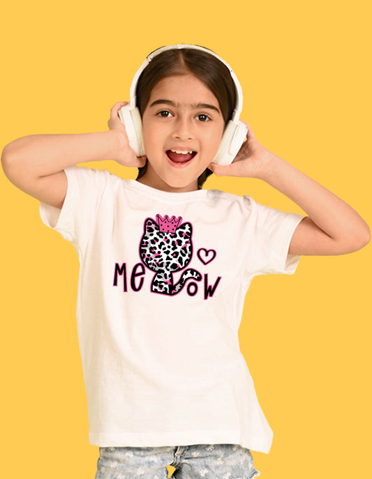 Nusyl Girls White Cat & Text Printed  Short sleeve Cotton Blend Oversized T-shirts