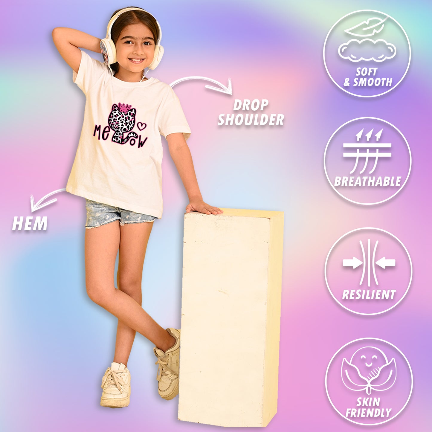 Nusyl Girls White Cat & Text Printed  Short sleeve Cotton Blend Oversized T-shirts