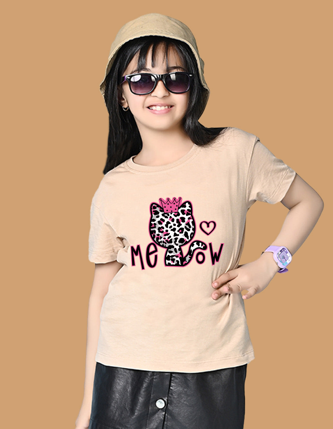 Nusyl Girls Beige Cat & Text Printed  Short sleeve Cotton Blend Oversized T-shirts