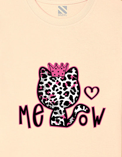 Nusyl Girls Beige Cat & Text Printed  Short sleeve Cotton Blend Oversized T-shirts