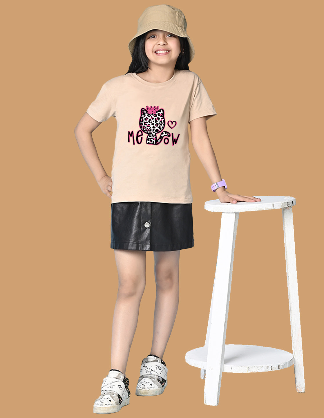 Nusyl Girls Beige Cat & Text Printed  Short sleeve Cotton Blend Oversized T-shirts