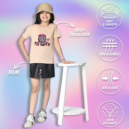 Nusyl Girls Beige Cat & Text Printed  Short sleeve Cotton Blend Oversized T-shirts