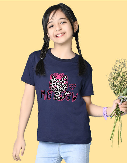 Nusyl Girls Navy Blue Cat & Text Printed  Short sleeve Cotton Blend Oversized T-shirts
