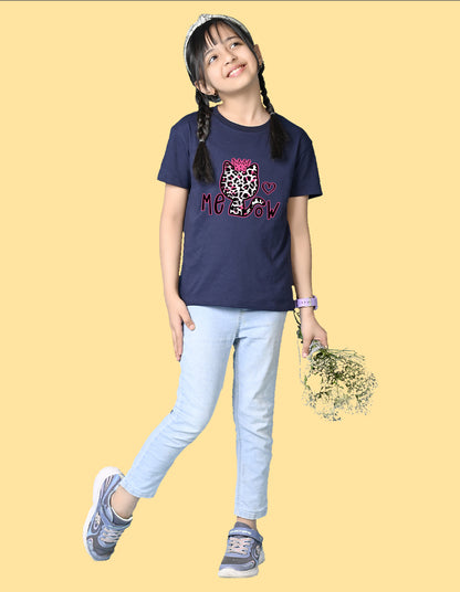 Nusyl Girls Navy Blue Cat & Text Printed  Short sleeve Cotton Blend Oversized T-shirts