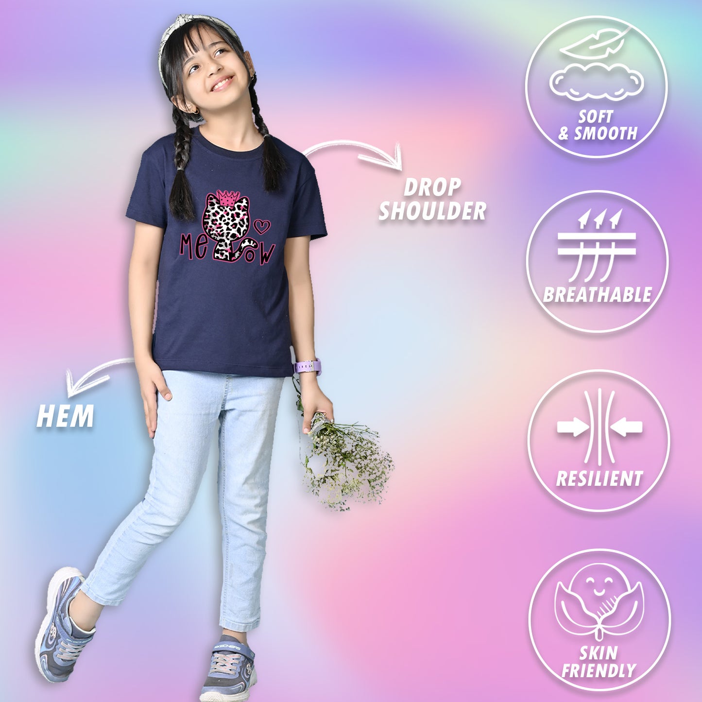 Nusyl Girls Navy Blue Cat & Text Printed  Short sleeve Cotton Blend Oversized T-shirts