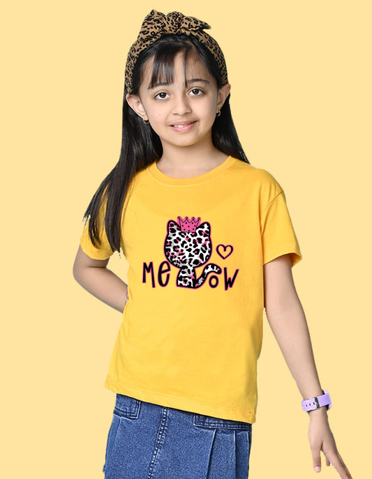 Nusyl Girls Yellow Cat & Text Printed  Short sleeve Cotton Blend Oversized T-shirts