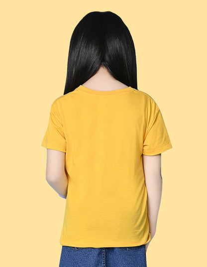 Nusyl Girls Yellow Cat & Text Printed  Short sleeve Cotton Blend Oversized T-shirts