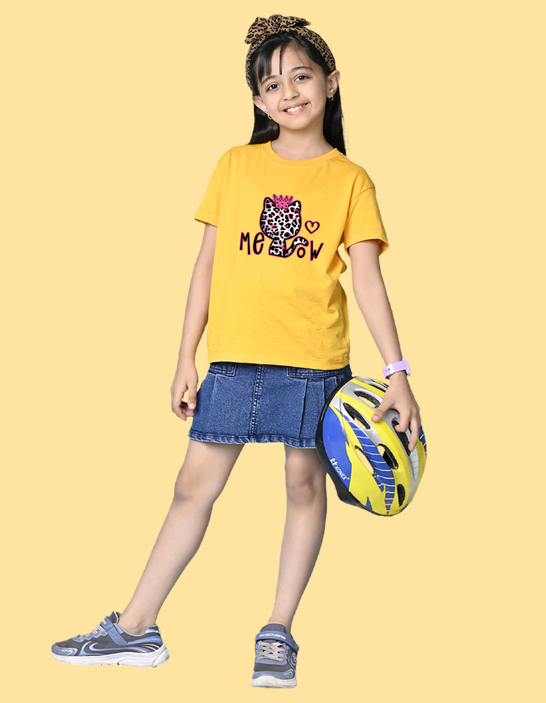 Nusyl Girls Yellow Cat & Text Printed  Short sleeve Cotton Blend Oversized T-shirts