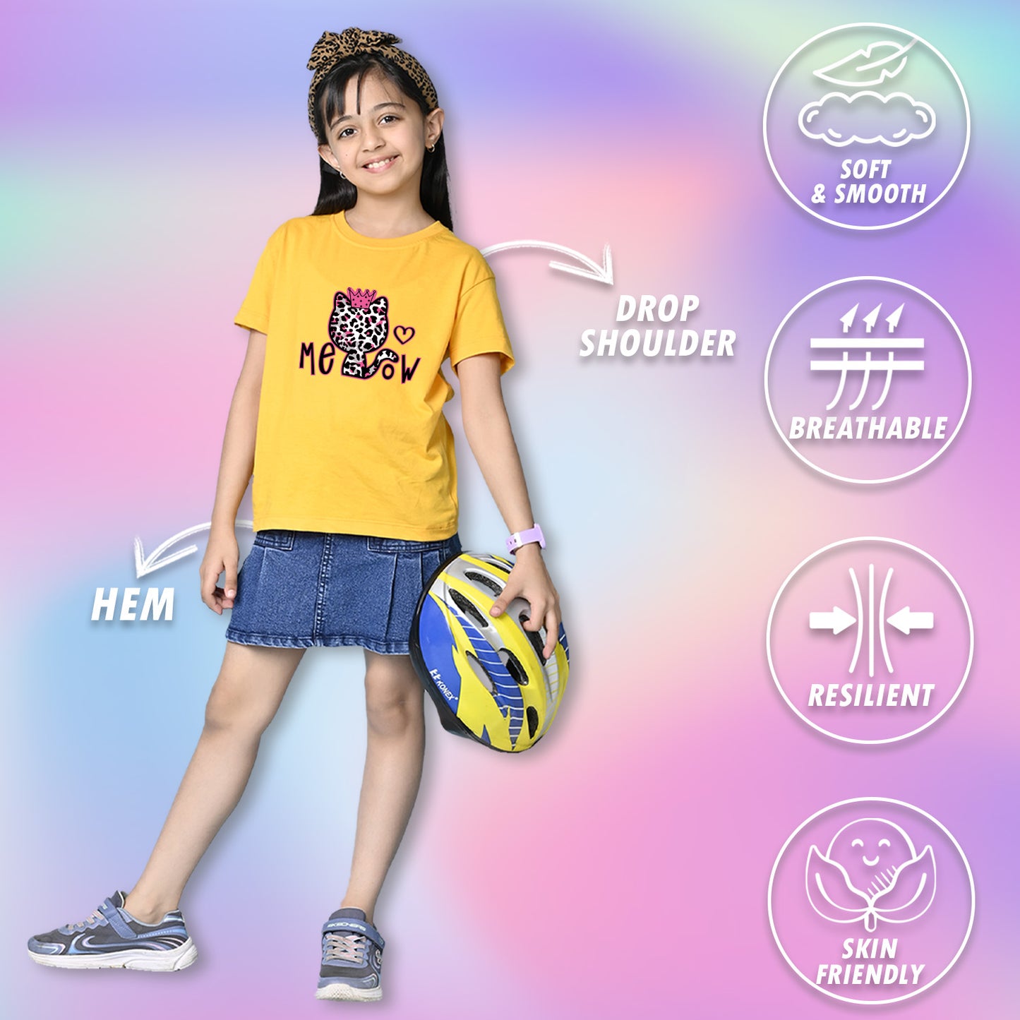 Nusyl Girls Yellow Cat & Text Printed  Short sleeve Cotton Blend Oversized T-shirts