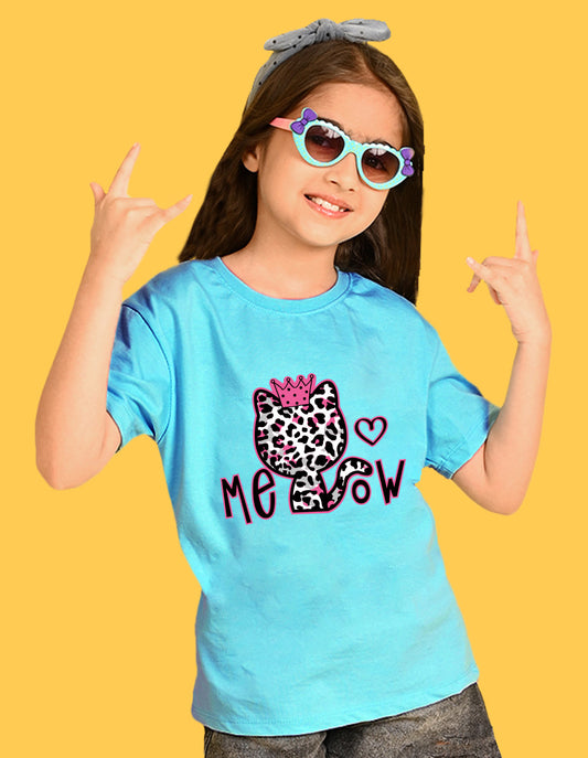 Nusyl Girls Sky Blue Cat & Text Printed  Short sleeve Cotton Blend Oversized T-shirts