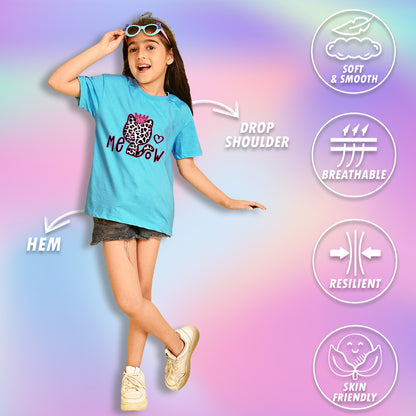 Nusyl Girls Sky Blue Cat & Text Printed  Short sleeve Cotton Blend Oversized T-shirts