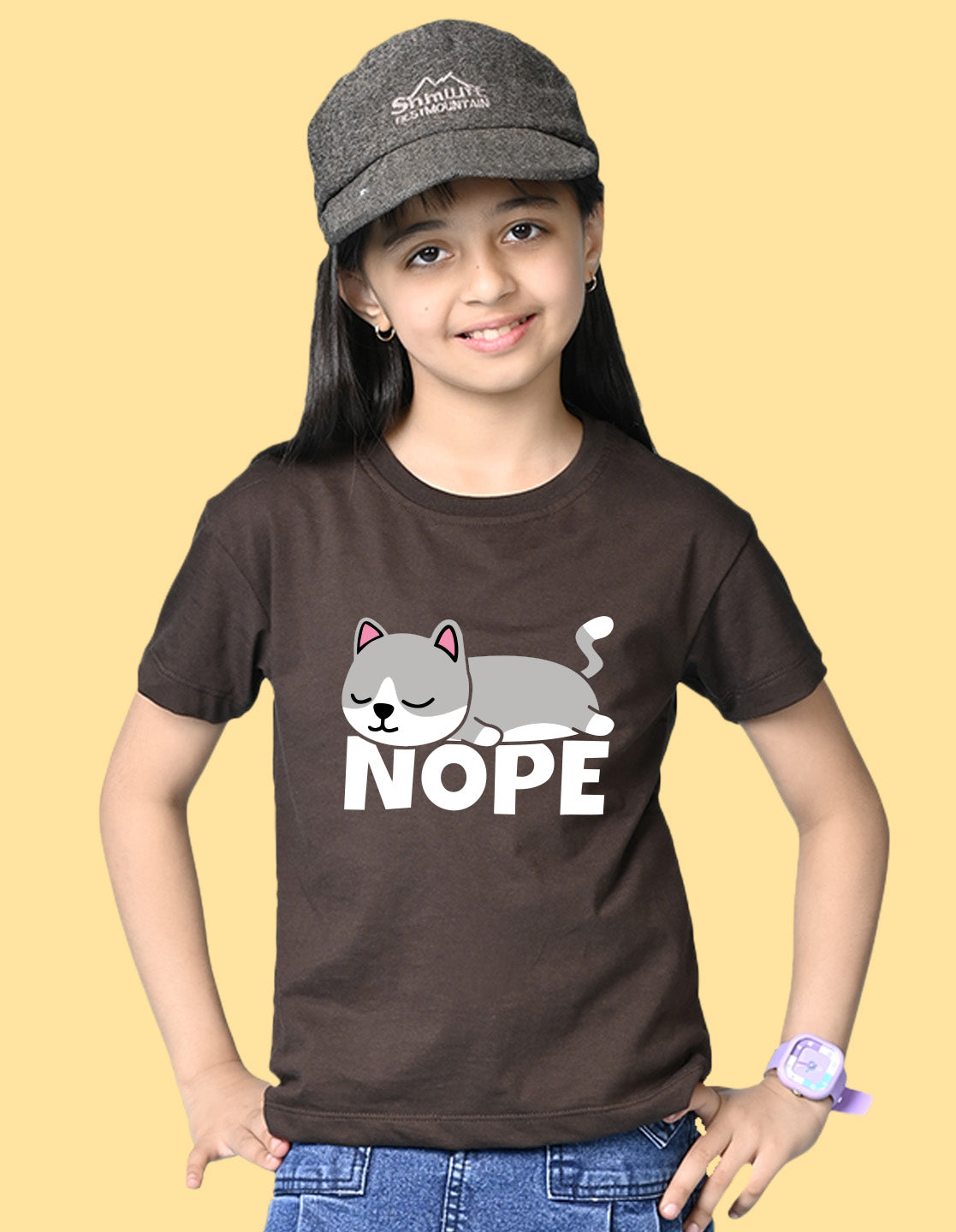 Nusyl Girls Brown Nope text Printed  Short sleeve Cotton Blend Oversized T-shirts